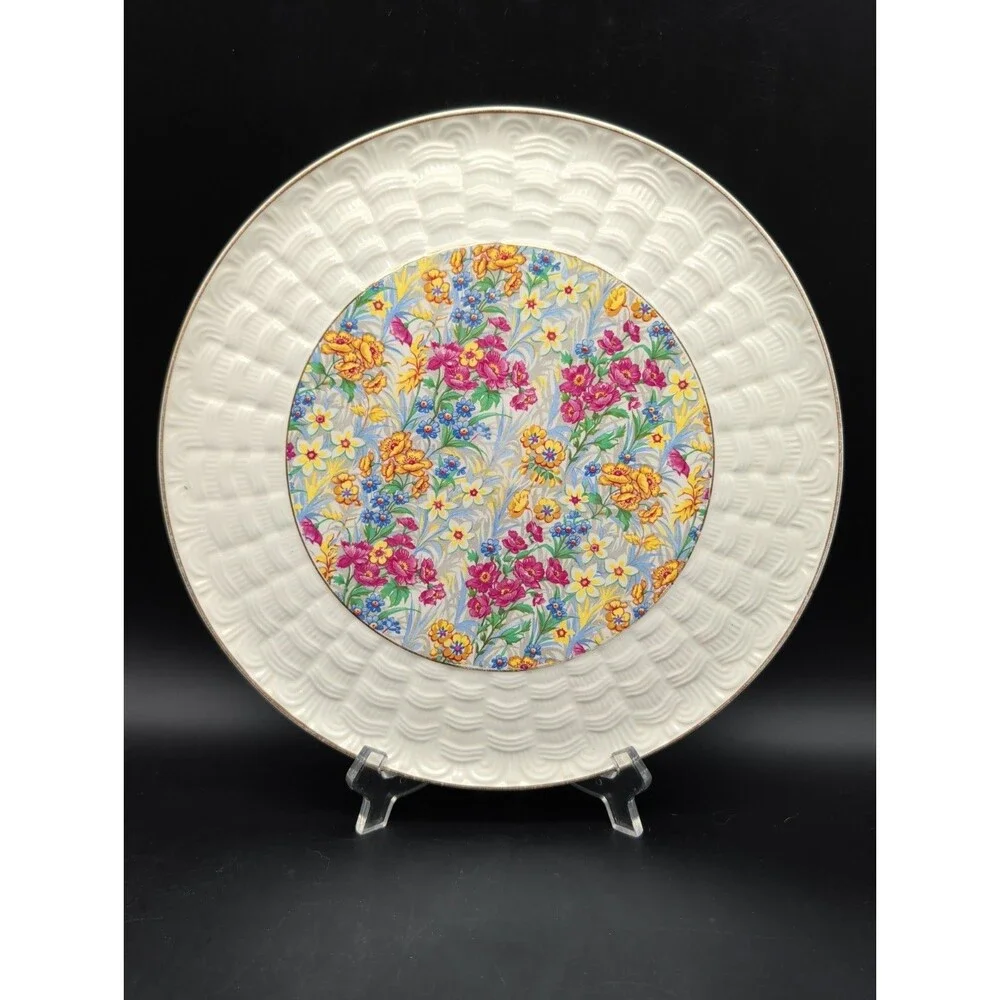 Vintage Erphila Sussex Cheery Chintz Cake Plate Embossed Basketweave Floral 11”